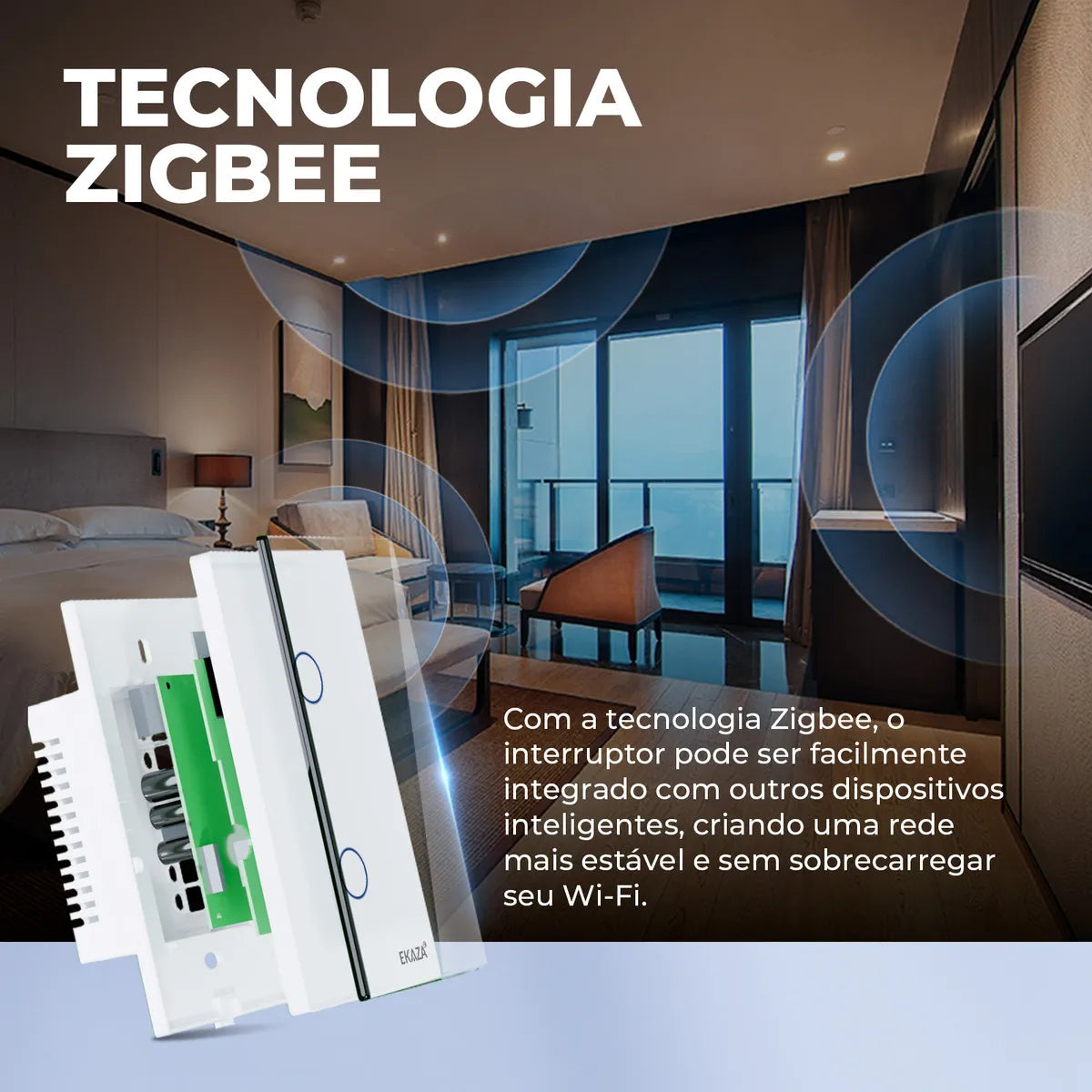 Interruptor De Luz Inteligente Ekaza Zigbee 2 Teclas Touch 4x2 Cor Branco 10A 110/220V